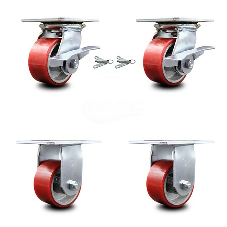 Service Caster 4 Inch Red Poly on Cast Iron Caster Brakes/Swivel Locks and 2 Rigid SCC, 2PK SCC-35S420-PUB-RS-SLB-BSL-2-R-2